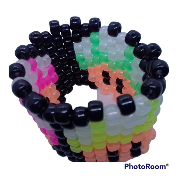 Glow in the Dark Mario Mushroom Kandi Cuff Bracelet.  Pink/Yellow/Green EDC - Picture 5 of 7